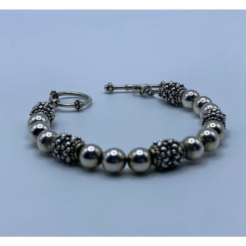 Minimalist Chic Silver Beaded Bracelet Toggle Clasp Bali Style Textured - 7.25